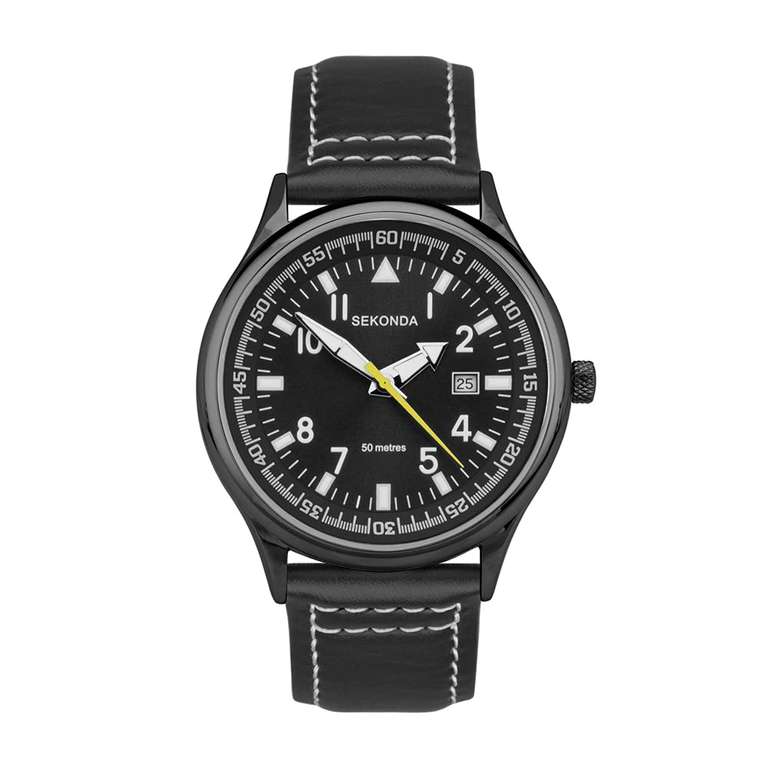 Sekonda Fly Men's 42mm Pilot Watch with Alloy Case, Analogue Display, Leather Strap - Available in Grey/ Black