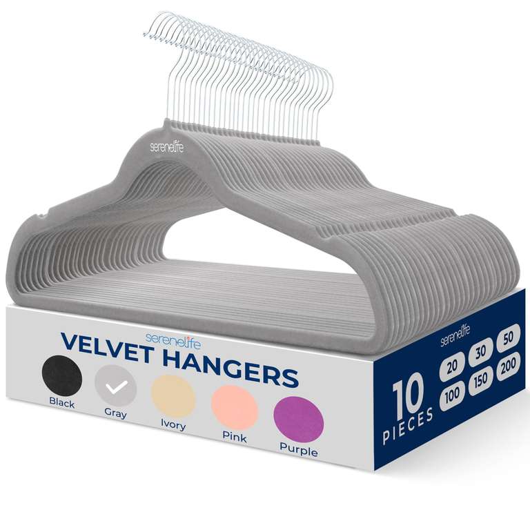 SereneLife Velvet Hangers 10 Pieces, Non Slip Heavy Duty Hanger Set with 360° Swivel Hook | Grey