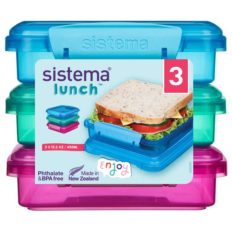 Sistema Lunch Sandwich Boxes 3 pack | 450 ml | Assorted Colours