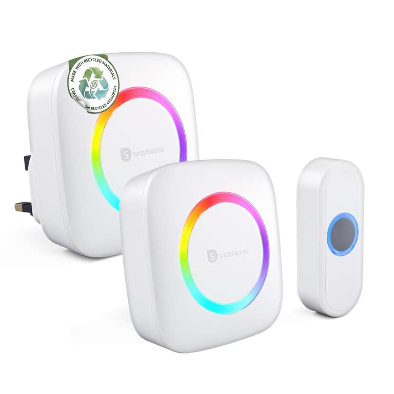 Smartwares Wireless doorbell Set - Portable Chime, Plug-in Chime and Push Button - 300m Range - 36 melodies - LED Ring - 85 dB