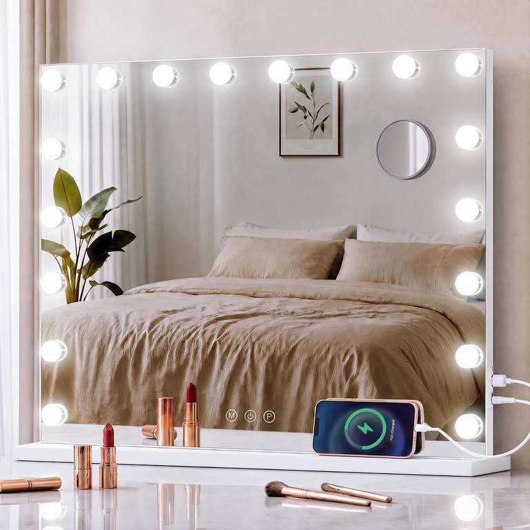 Songmics 44 x 50 x 5.7 cm Vanity Mirror with with Adjustable LED Lights & USB Charging Ports