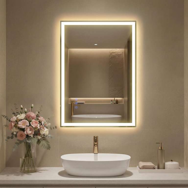 Songmics 50.7 x 70.7 cm Anti-Fog Bathroom Mirror with Adjustable LED Lights