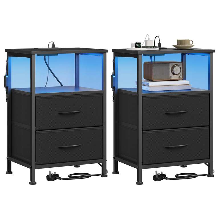 SONGMICS BELLAH Collection - 2 Bedside Tables with Charging Station, App-Controlled Adjustable LED Lights,1 Shelf, 2 Drawers, Ink Black