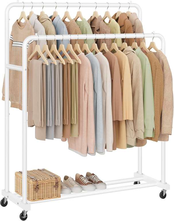 Songmics Clothes Rack on 2 Lockable Wheels, Double Rods, Holds up to 90kg, 46.5 x 110 x 155.5cm | Matte White