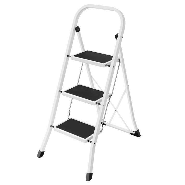 SONGMICS Step Ladder, 3-Step Ladder, Folding Ladder, Safety Lock, Space-Saving Storage, Holds up to 150 kg, Dove Grey GSL003GY01