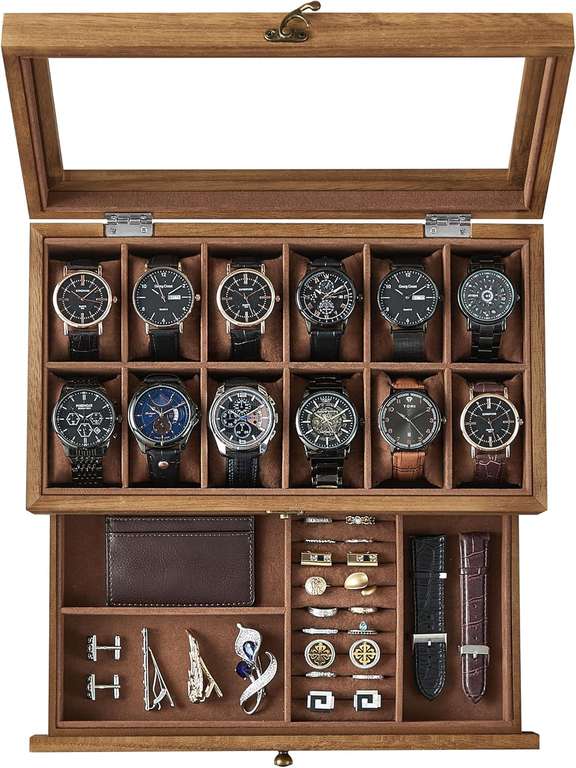 SONGMICS Watch Box with 6 Slots, Watch Case with Glass Lid, Black - Sold by SONGMICS HOME UK/FBA