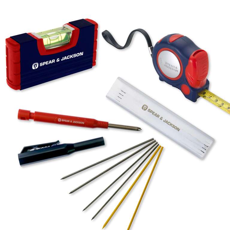Spear & Jackson DHTS3PS 3-Piece Mark & Measure Set - Deep Hole Pencil, 100mm (4") Pocket Spirit Level, 5m (16ft) Tape Measure