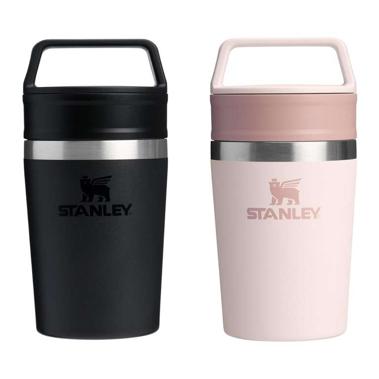 STANLEY 1913 Cafe to-Go Travel Mug 0.23L In Black Or Rose Keeps 3 Hours Hot 4 Hours Cold Easy-Carry Handle - Insulated Coffee Cup