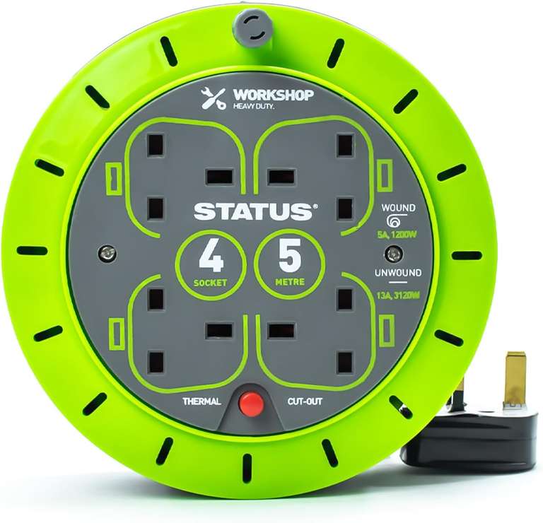 STATUS 4 Socket Cable Reel, 5m, Green, 13 Amp (Delayed Dispatch)