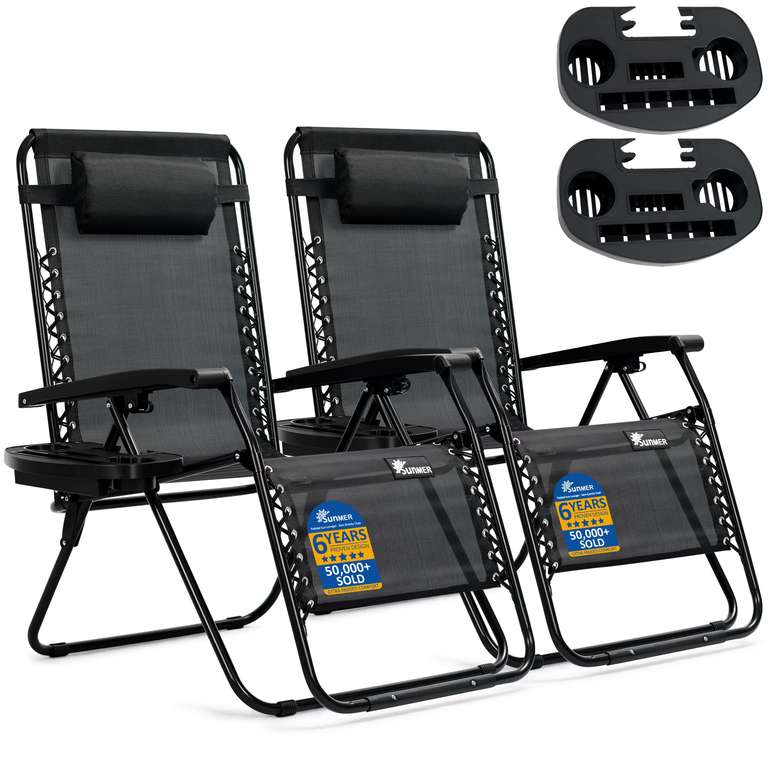 SUNMER XXL Sun Lounger Extra Wide Garden Chairs - Extra Wide Set of 2 Zero Gravity Chairs with Cup - Sold and Shipped by NETTA Direct