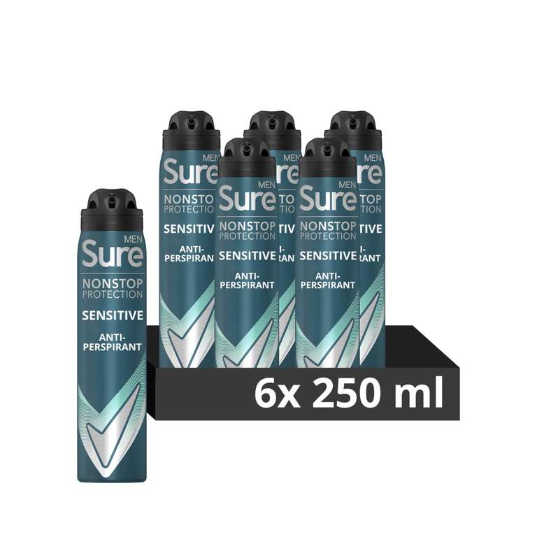 Sure Men Nonstop Protection Sensitive Deodorant Body Spray Antiperspirant 6x 250 ml (£12.25 / £10.97 with S&S)