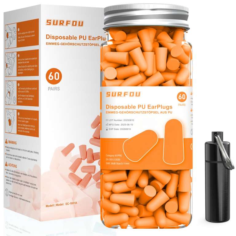 SURFOU Ear Plugs for Sleep 60 Pairs, 38dB Noise Reduction, Reusable, Ultra Soft Foam Earplugs