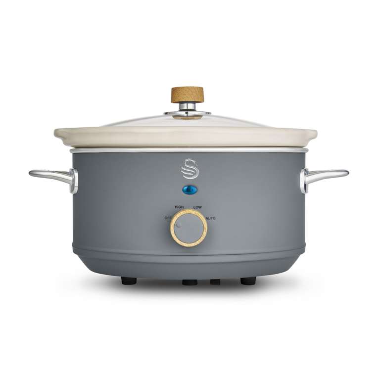 Swan Nordic Manual Slow Cooker, 3 Settings, Removable Dishwasher Safe Ceramic Pot and Glass Lid, Recipe Book Included, 3.5L 200W, Grey