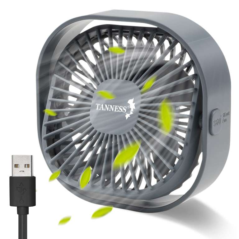 TANNESS Desk Fan, USB, 360° Rotation | 3 Speed, Grey - Prime Price
