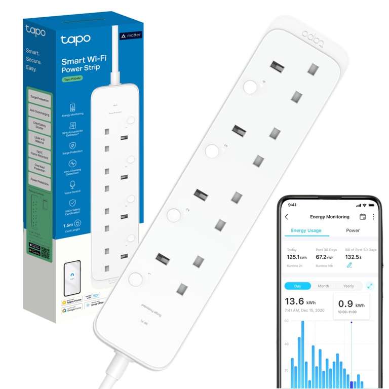Tapo P304M Smart Plug Power Strip, Energy Monitoring, MATTER Certified, Surge Protection