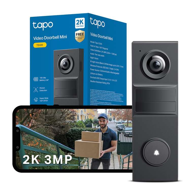 Tapo TD20 2K Battery Video Doorbell No Monthly fee, 160° , Wireless, 2 Way Audio, AI Detection,180 days battery life