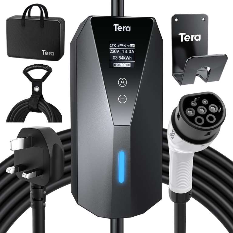 Tera EV Charger Portable Type-2: EV Wallbox for Outdoor Charging 7meter Charging Label 13A 3kW UK 3PIN Plug