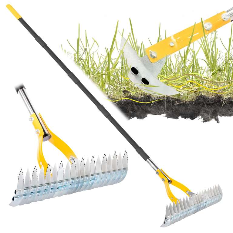 Thatch Rake for Lawn, 38cm Adjustable Head Weed Tool, Dethatcher Rake to Cleaning Dead Grass - Sold by BlumeTrec / FBA