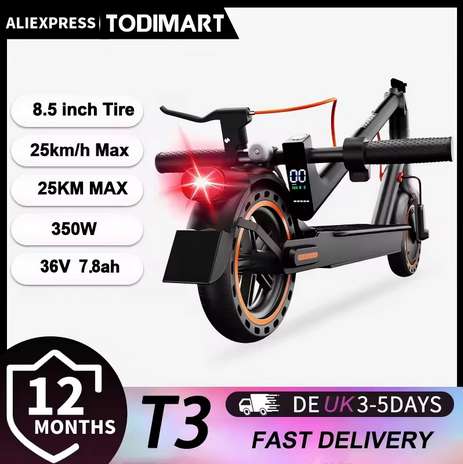 TODIMART T3 Foldable and Portable Electric Scooter with APP Control, 350W 36V 7.8Ah with Code Sold By TODIMART UK Online Store (UK Del.)