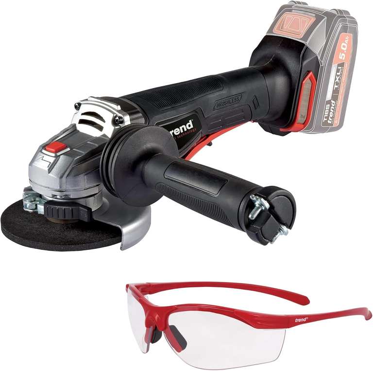 Trend 18V Cordless Brushless Angle Grinder + Clear Lens Safety Spectacles, Bare Tool (T18S/AG/SPEC)