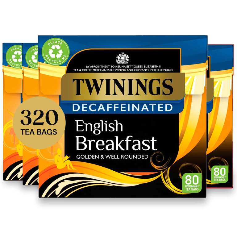 Twinings English Breakfast Decaf Tea | Golden, Well Rounded & Full Bodied Decaffeinated Black Tea | Multipack Bulk Buy, 320 (4 x 80