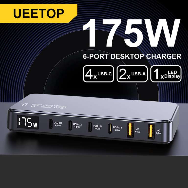 Ueetop 175W GaN Desktop Charger with 6 Ports and LCD Display - With Code - Sold by UEETOP Choice Store