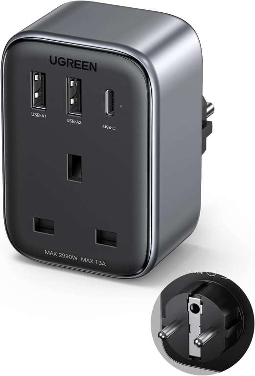 UGREEN UK to European Plug Adapter PD 30W Travel Adapter with USB C GaN Fast 4-in-1 FBA Ugreen Group