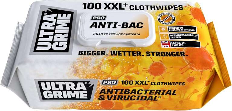 UltraGrime PRO Antibacterial Wet Wipes - Heavy-Duty Cleaning Cloths - Multi-Purpose Wipes (Pack of 100)