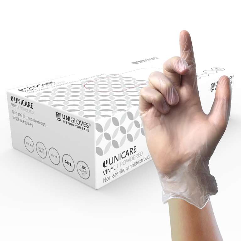 Unigloves Unicare Clear Vinyl Examination Gloves - Latex Free Disposable Gloves - Box of 100 Gloves, Clear, Large / XL
