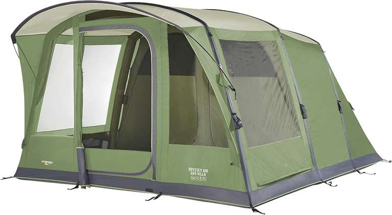 Vango Airbeam Odyssey Air 500 Villa Tent, 5 Man Inflatable with Pump, Sun Canopy, Easy Pitch, Epsom Green