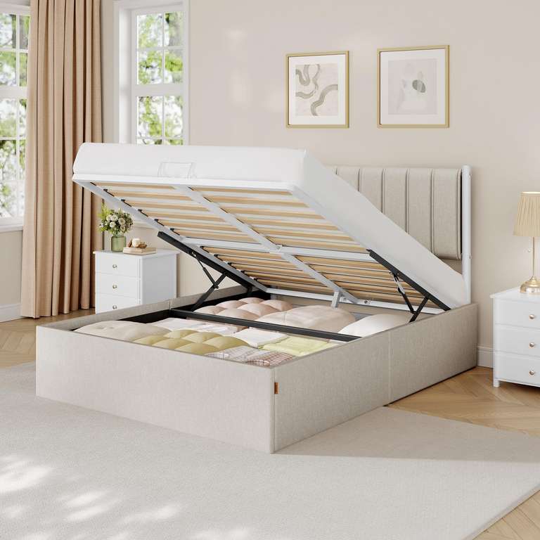 VASAGLE Double Bed Frame, 135 x 190 cm, Ottoman Bed with Lift-Up Storage - Grey