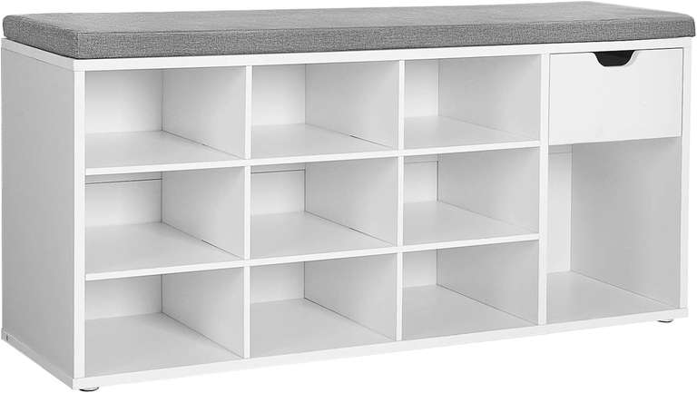 VASAGLE Shoe Storage Bench with Cushion, Drawer | Open Compartments, White and Grey, LHS24WT