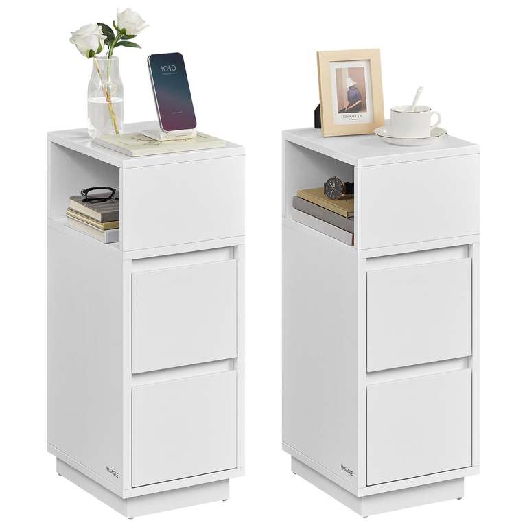 VASAGLE Slim Bedside Tables, Set of 2 Small Narrow Side End Tables with Drawers, White