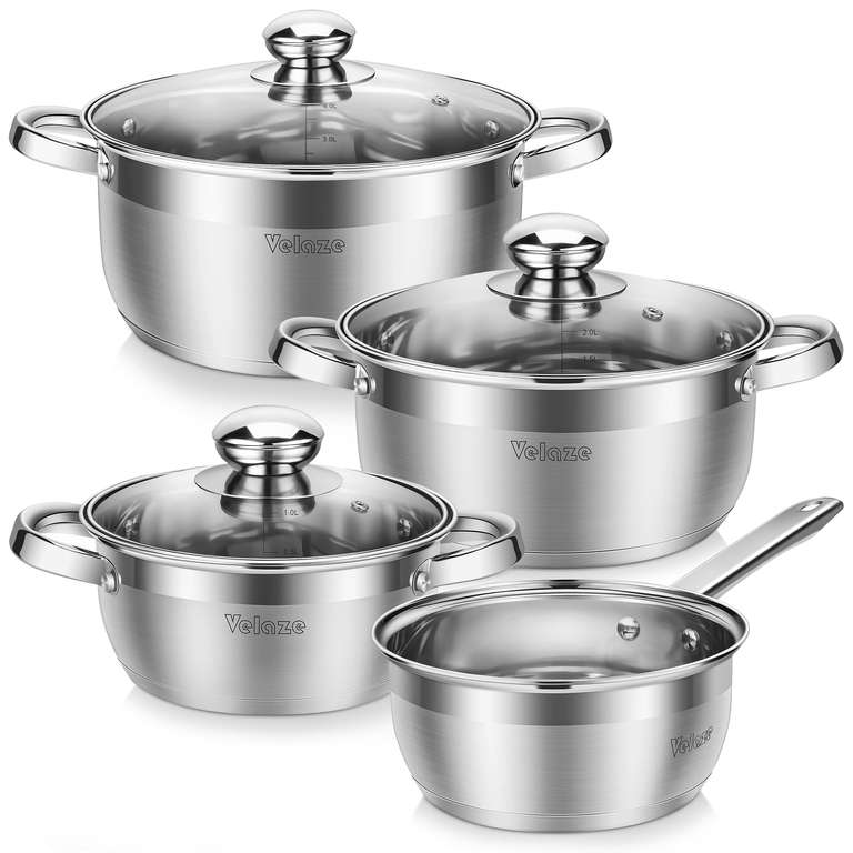 Velaze 7-Piece Cooking Pot Set Made of Stainless Steel, Induction Pot with Glass Lids, Classic Design
