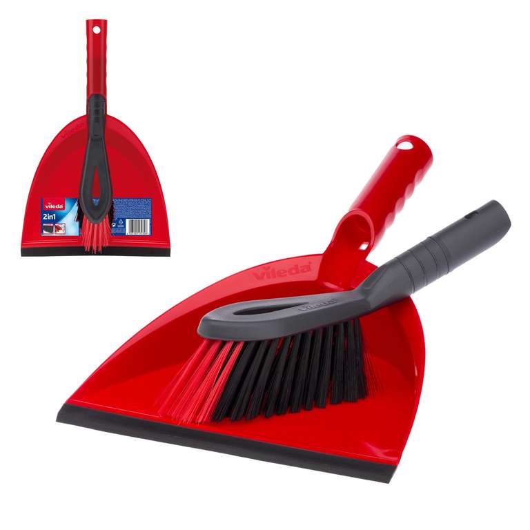 Vileda 2in1 Dust Pan & Brush Set with Rubber Blade, Durable Bristles, Ergonomic Handle & Clip for Easy Storage