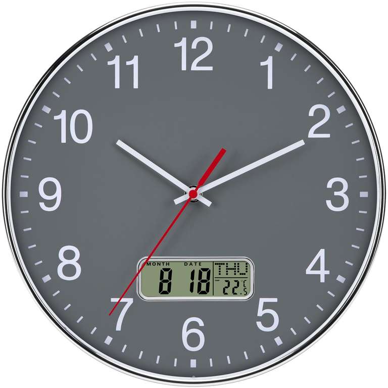 VIVILINEN Kitchen 30cm Wall Clock with Date and Temperature in Grey (Black & Silver £13.59) - Sold By Adoauss/FBA