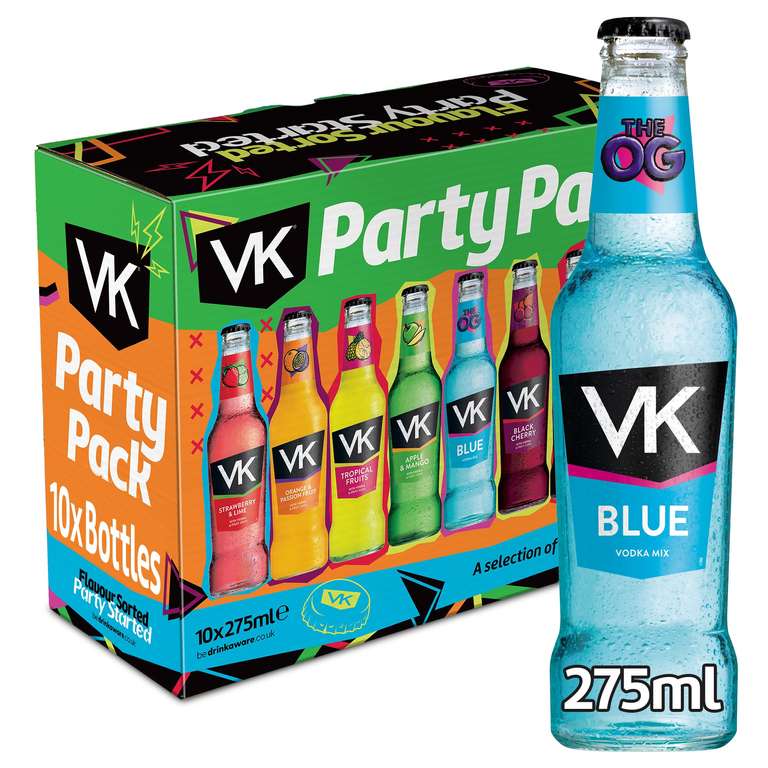 VK Party Pack 10 x 275ml | 3.4% ABV | Alcopops Party Pack | 10 Bottles | Vodka & Fruit Juice | Ready To Drink | Mixed Pack |