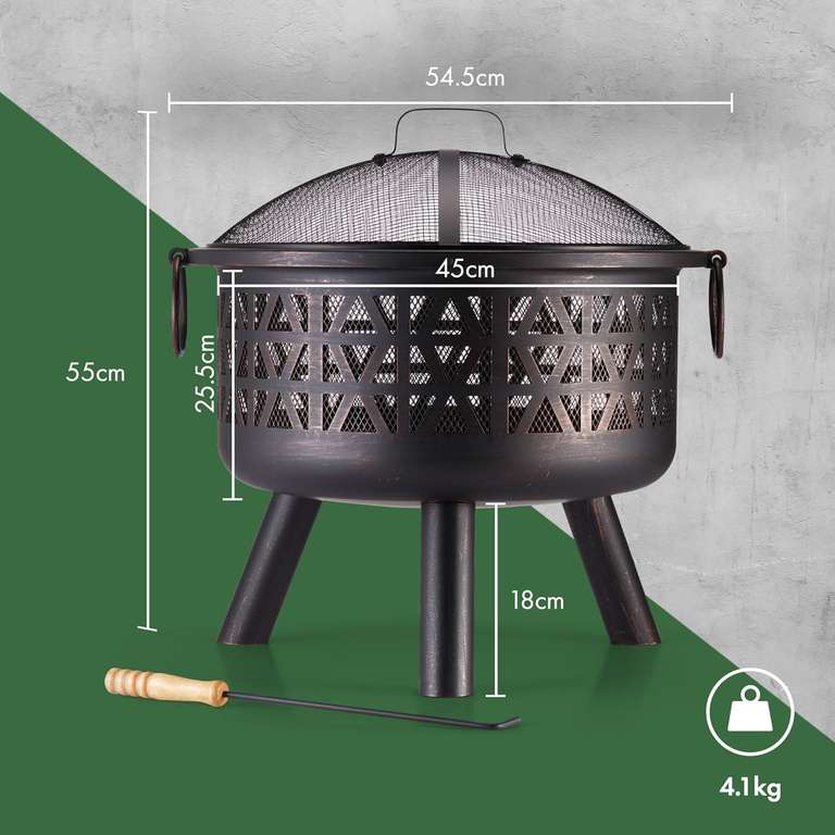 VonHaus Fire Pit with Flame Design, in Black or Brown/Bronzed Steel + Fire Poker & Mesh Guard - Sold & Shipped by VonHaus UK