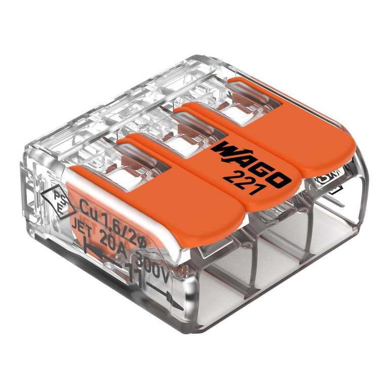 Wago 221-413 Splicing Connector 3 Conductors 0.14-4 mm², Compact Design with Lever, Pack of 50
