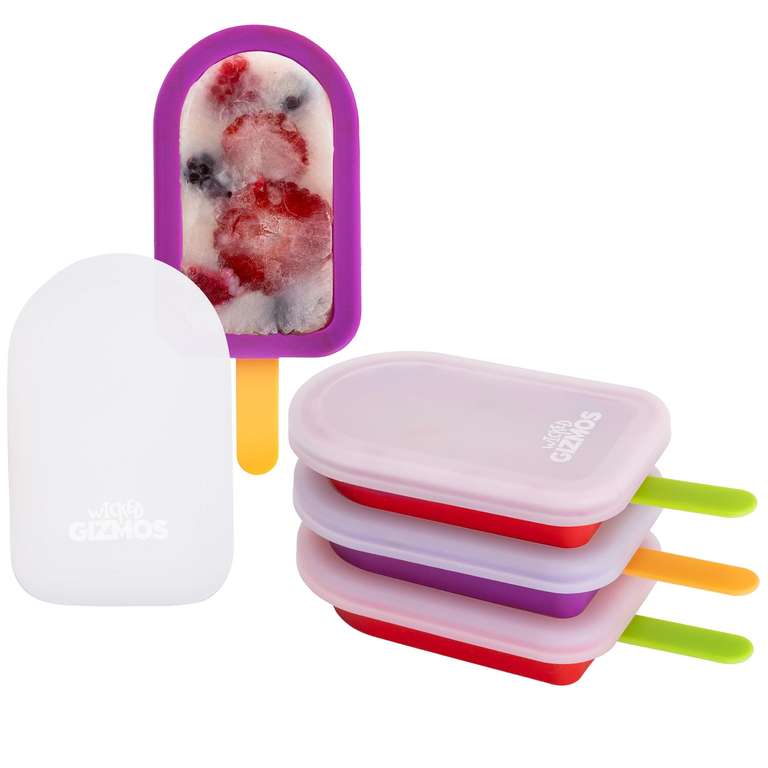 Wicked GIZMOS 4 Silicone Ice Lolly Moulds with Sticks - Reusable BPA Free, Food Grade, Dishwasher Safe