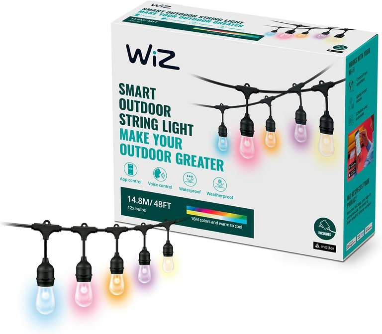 WiZ Smart Colour Connected Outdoor Festoon String Lights (15M/48ft - UK Plug)
