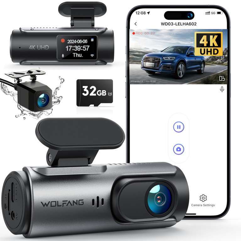 WOLFANG 4K Dash Cam Front and Rear WiFi Dual Dashcam | Super Night Vision | 32GB microSD Card included