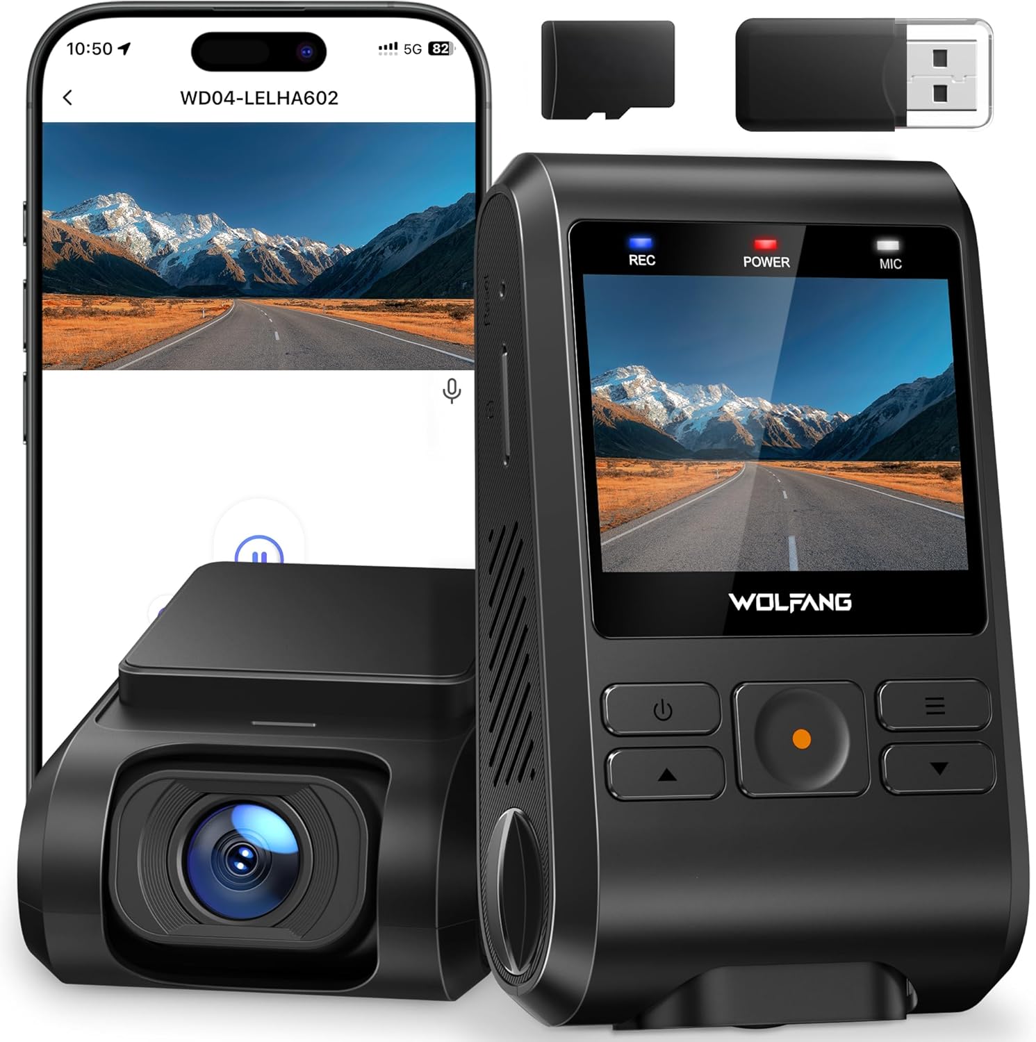 WOLFANG Dash Cam Front, 1440P Mini WiFi DashCam for Cars