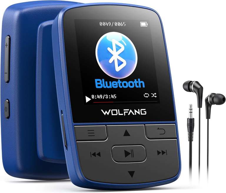 WOLFANG MP3 Player with Bluetooth 5.2, Sports Clip, Mini Size, 28g Lightweight, HiFi Lossless Sound, FM Radio - Green / Orange