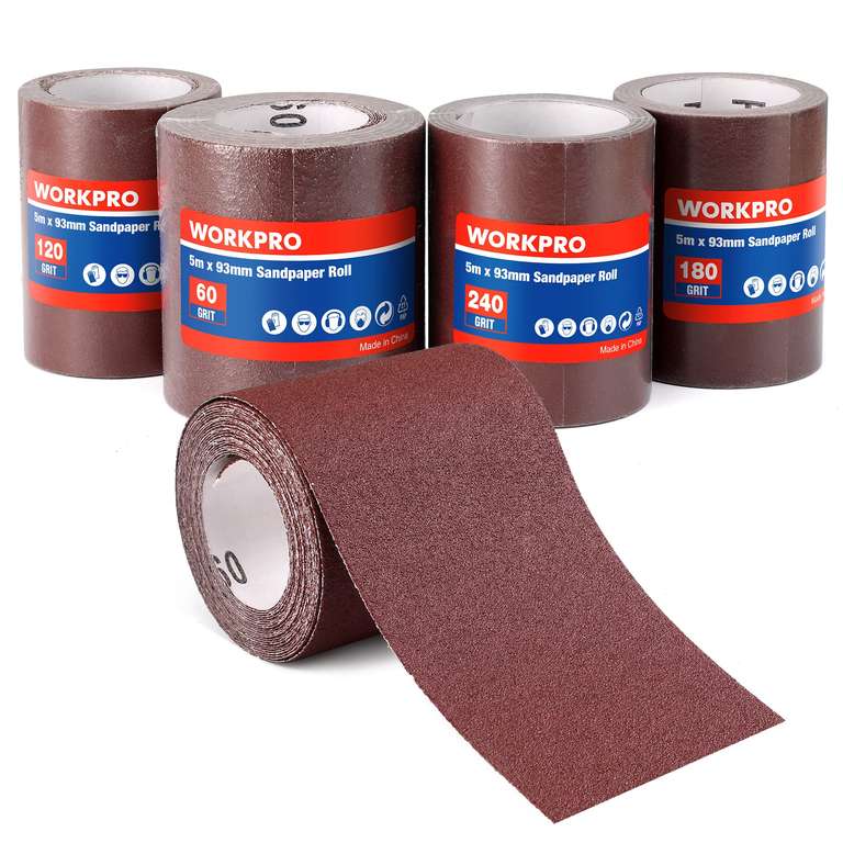 WORKPRO 4-Roll Sandpaper Roll Set, 93 mm x 5 m, 60/120/180/240 Grit, Aluminum Oxide Abrasive Sanding Paper