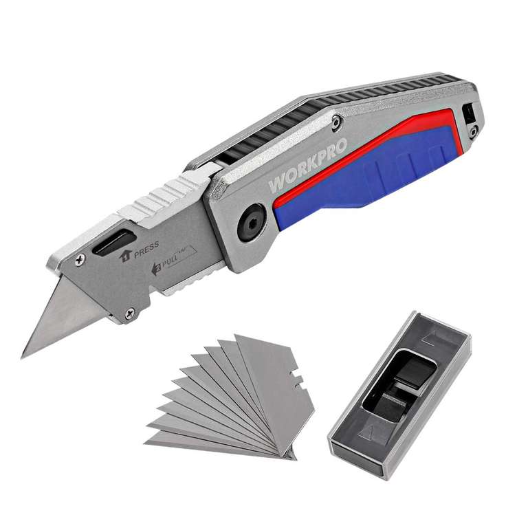 WORKPRO Folding Utility Knife, Quick-Change Box Cutter with 10 Blades