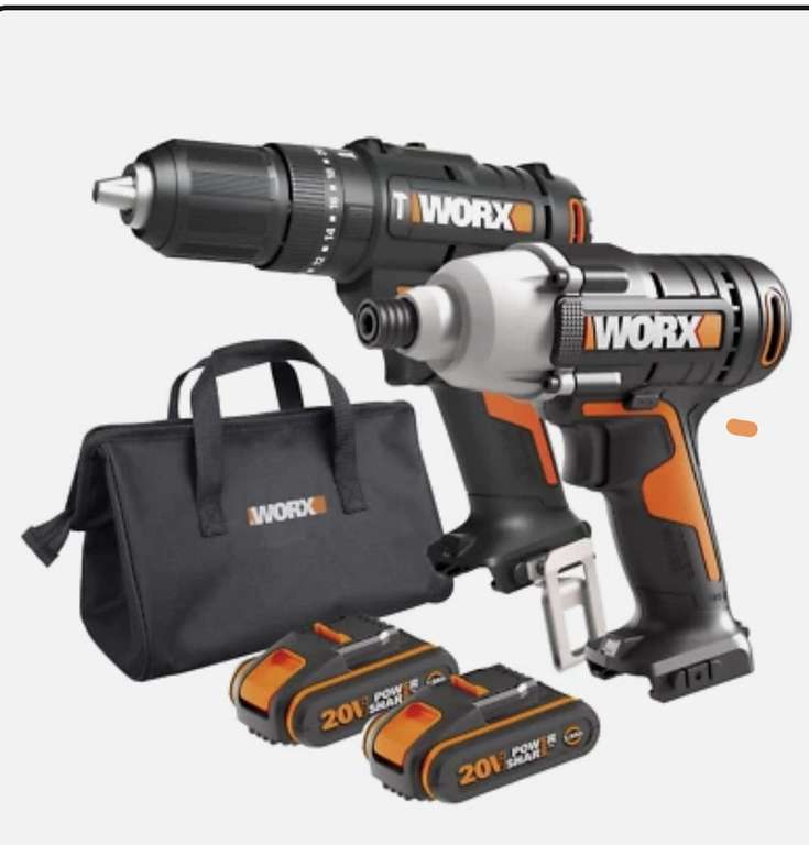 100° - WORX Powershare Cordless Impact Driver Hammer Drill Twin Pack 20V x2 2.0Ah WX902 - Sold by Worx (UK Mainland)