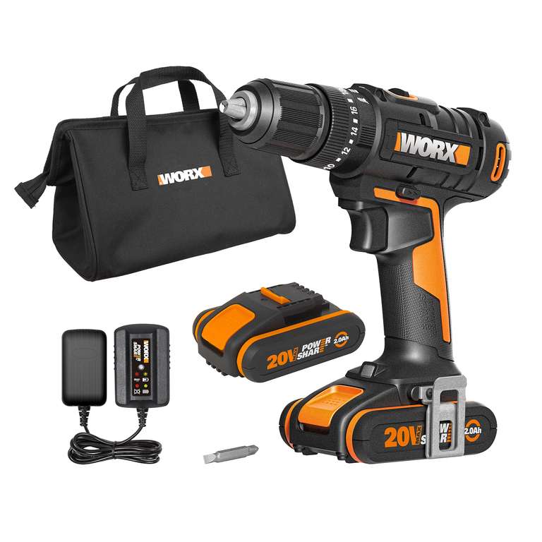 WORX WX370.1 PowerShare 20V Cordless Combi Hammer Drill Kit with 2 Batteries, Charger and Carry Bag