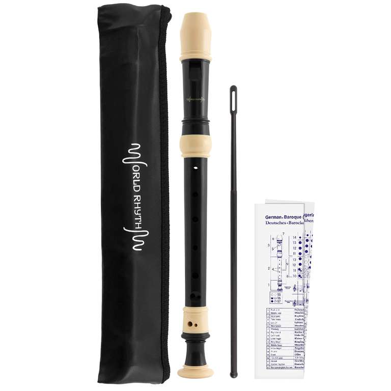 WR-805 Descant School Recorder with Bag, Cleaning Rod and Fingering Chart - Soprano - English/Baroque Fingering - Black & Ivory