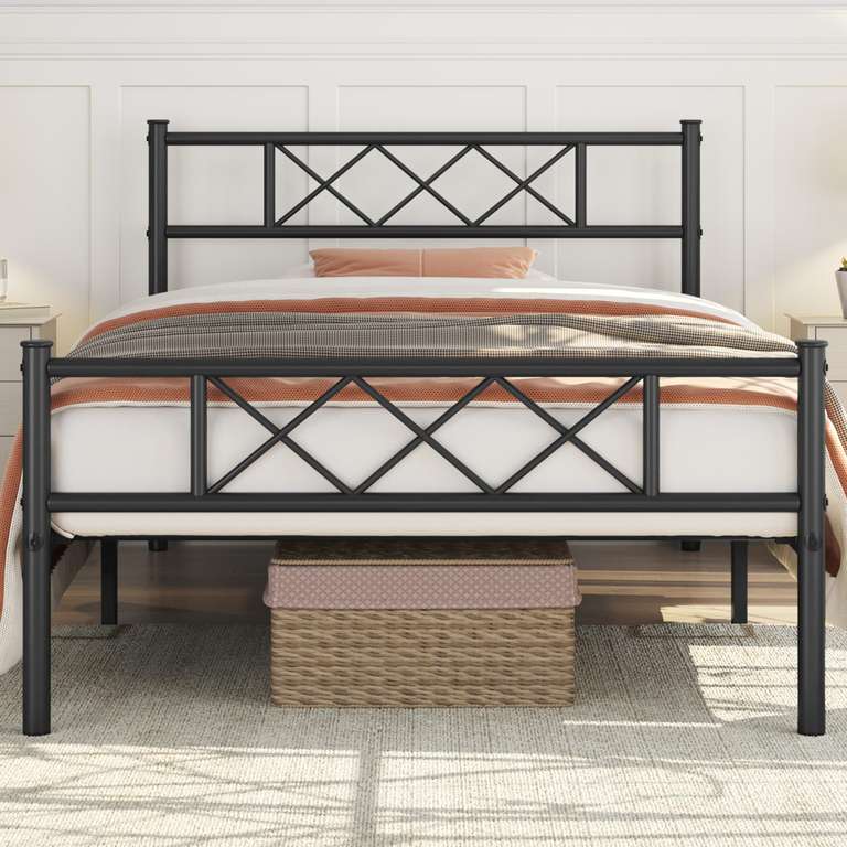 Yaheetech 3ft Single Metal Bed Frame with Cross-Design Headboard & Footboard - Black
